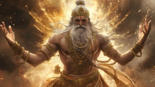 Elderly bearded figure with gold ornaments amid radiant burst.