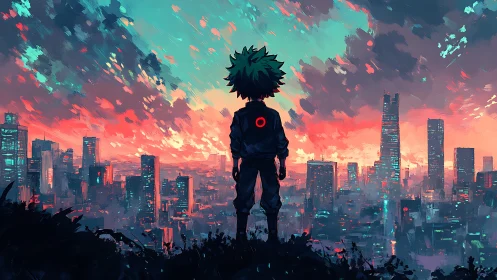 Neon dusk hero watches a storm-painted cyber city awaken.