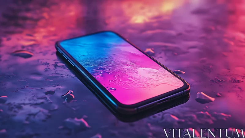 Iridescent smartphone on wet surface under neon bokeh glow.