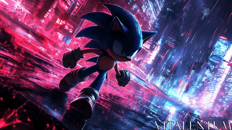 Electric blue hero races through neon soaked cyber city streets