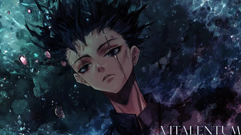 Brooding anime boy sinks through dark swirling water