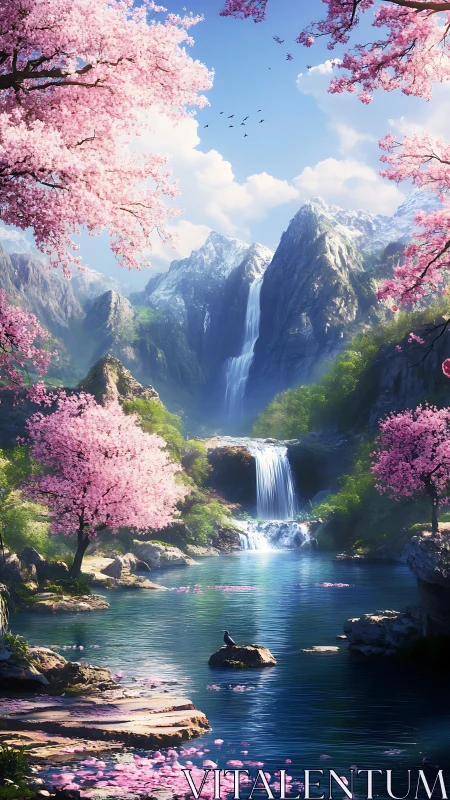 Vertical alpine waterfall valley framed by pink blossom trees
