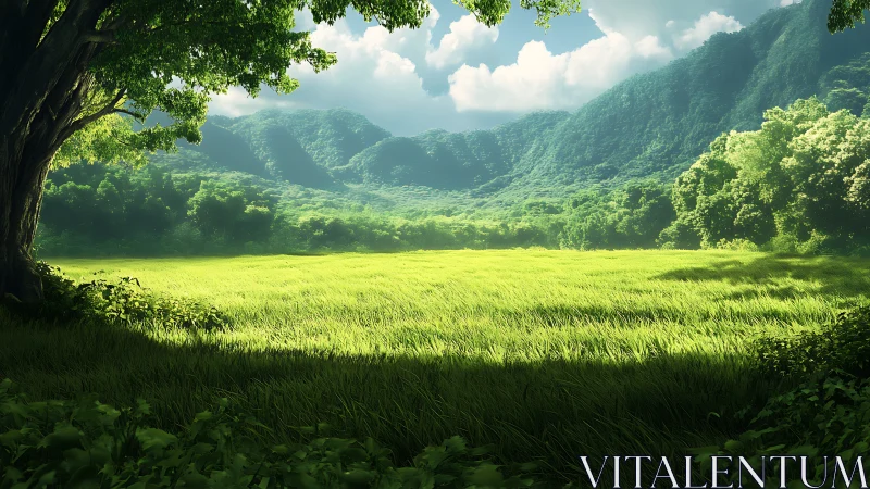 Sunlit meadow opens before densely forested mountain range