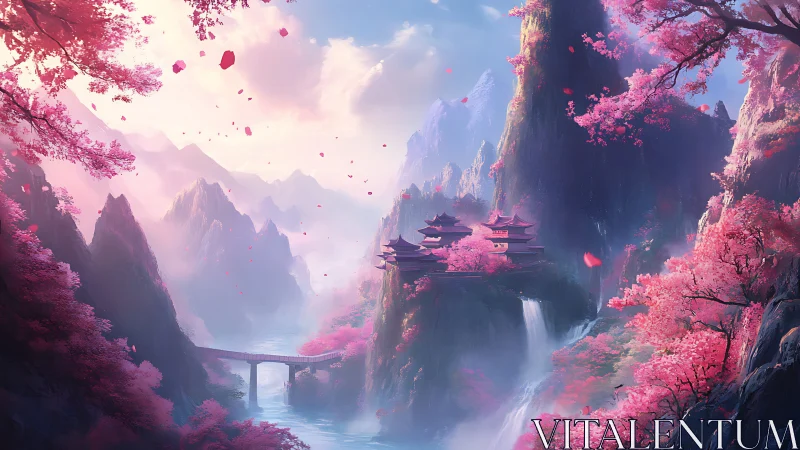 Aerial survey of sakura gorge citadel with waterfalls cluster.