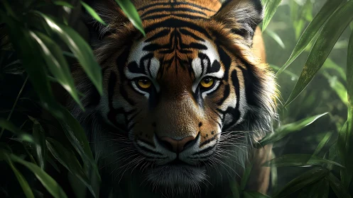 Jungle-eyed tiger prowling through emerald hush today.