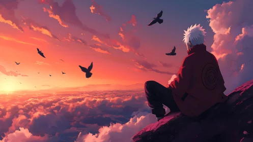 Solitary anime wanderer quietly enjoys a glowing sunset sky