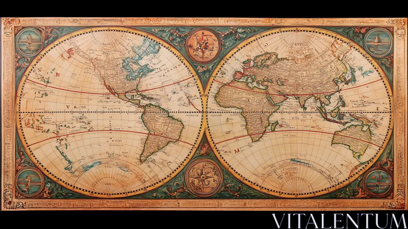 Vintage double-hemisphere world map with ornate border.