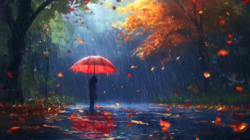Solitary figure under red umbrella in luminous autumn rain