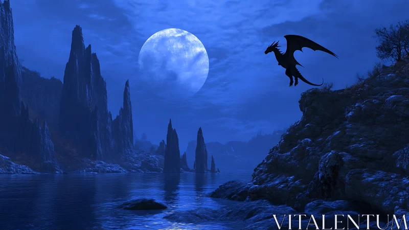 Dragon silhouette over moonlit rocky lake landscape.