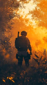 Lone soldier silhouette under blazing forest sunset glow.