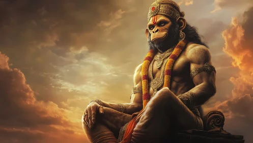 Simian humanoid figure in ornate attire against cloudy sky.