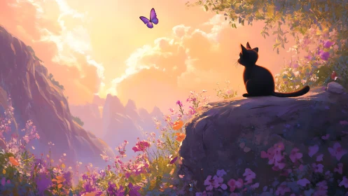Black cat watches purple butterfly over sunlit valley