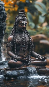 Serene bronze Hindu deity statue in meditation by water.