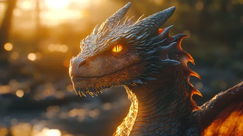 Fiery eyed dragon head in golden sunset backlight.