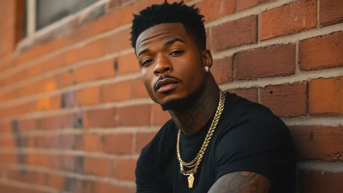 Urban portrait against brick fa&ccedil;ade with shallow depth rendering.