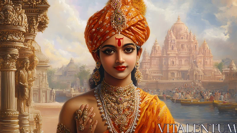 Radiant young deity by riverside temples at golden dusk.