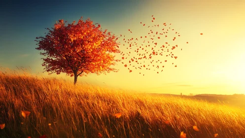 Backlit autumn tree dispersing leaves across sunlit hillside