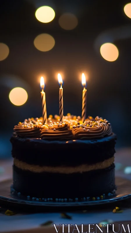 Birthday cake with three lit candles photographed against blurred bokeh background.