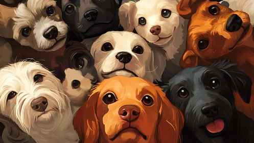 Group portrait of digital dogs with varied coat colors.