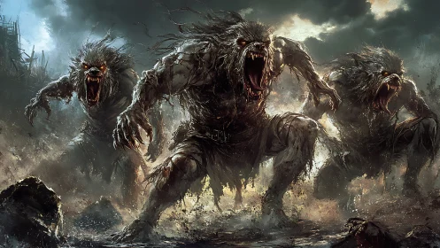 Ferocious werewolf horde storms ruined wasteland battlefield.