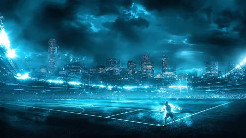 Futuristic stadium skyline with neon-lit football theatrics.
