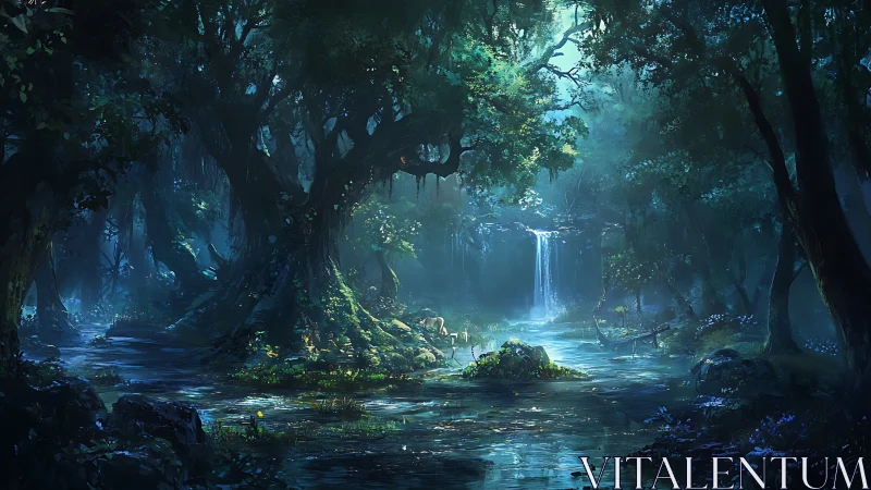 Luminescent Forest Waterfall with Bioluminescent Vegetation