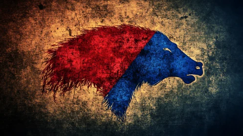 Stylized bison head silhouette in red and blue profile.