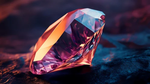 Faceted gemstone on textured surface under colored light.