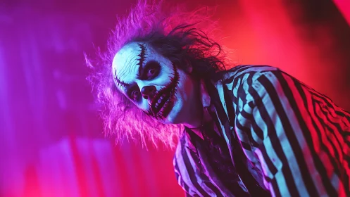Striped-costume character with skull makeup under colored lights.