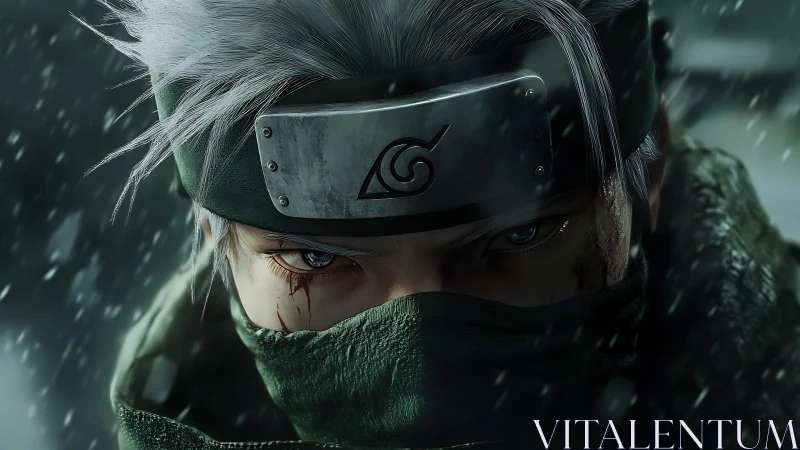 Close frontal view of masked shinobi under snowfall at night.