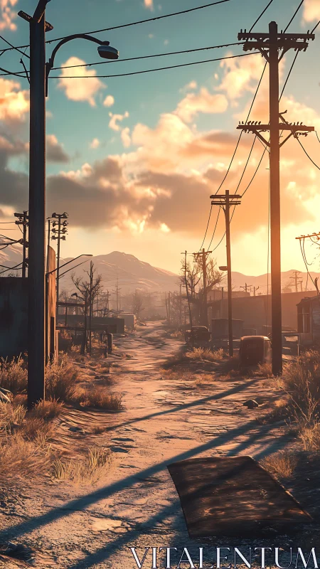 Sunlit wasteland road under power lines at golden hour.