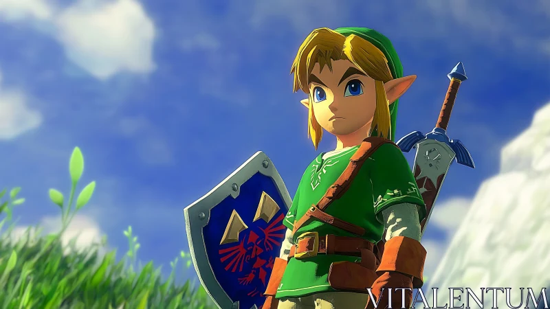 Heroic elf warrior stands armed in bright stylized landscape