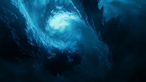 Deep ocean vortex with swirling blue light core.