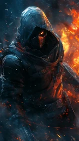Hooded cyber warrior emerges from fire and frost-lit chaos.