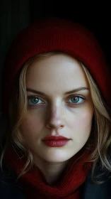 Portrait of young woman in red wool hat, cinematic light.