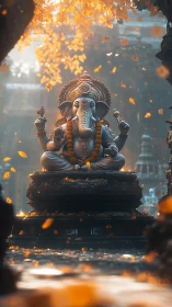 Ganesh idol under autumn glow in cinematic temple courtyard.