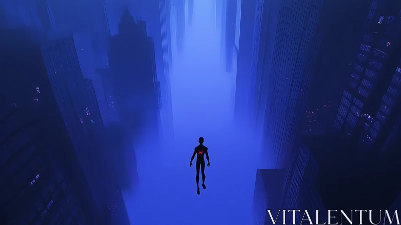 Silhouetted figure suspended amid dense blue city towers.