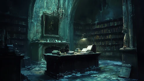 Forsaken gothic library drowns in cold emerald shadows.