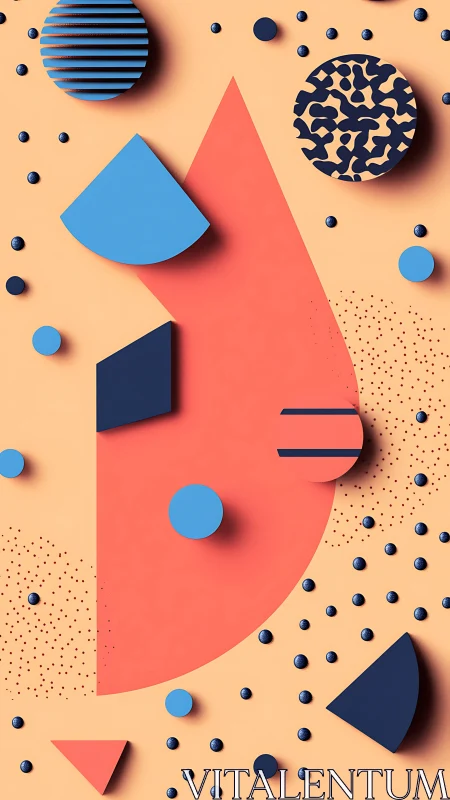 Geometric relief composition with coral, navy and cyan forms