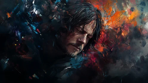 Chromatic turbulence encircling contemplative male portrait.