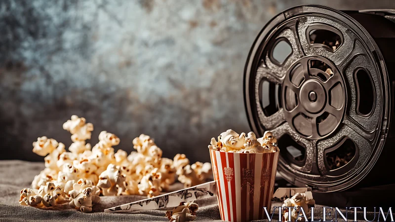 Cinematic popcorn still life aligns vintage film reel aesthetics