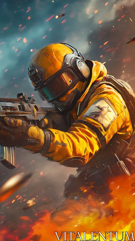 Armored space soldier aims rifle amid explosive battlefield