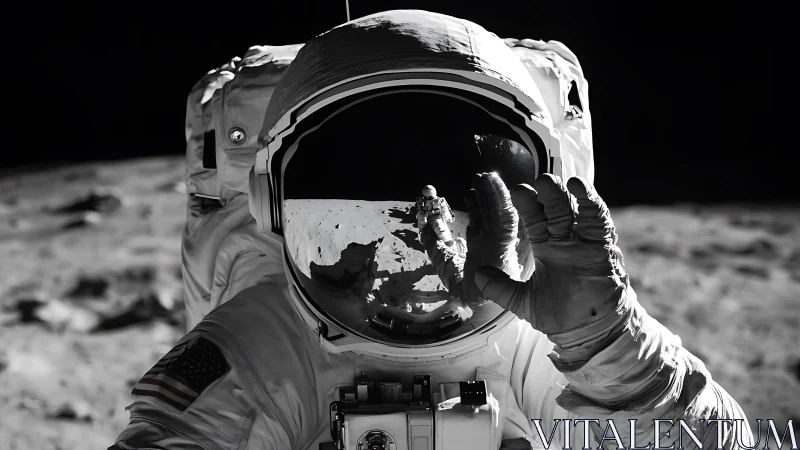 Monochrome lunar astronaut close-up with visor reflection focus.
