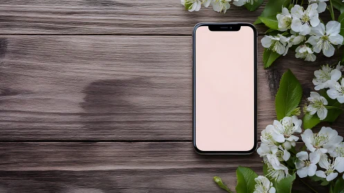 Smartphone mockup on wooden surface with white flowers