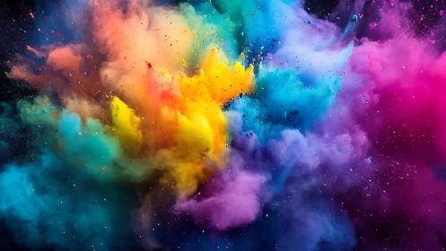 Color powder explosion forms dense multicolored radial cloud