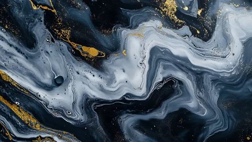 Black, white and gold fluid acrylic paint forms swirling bands
