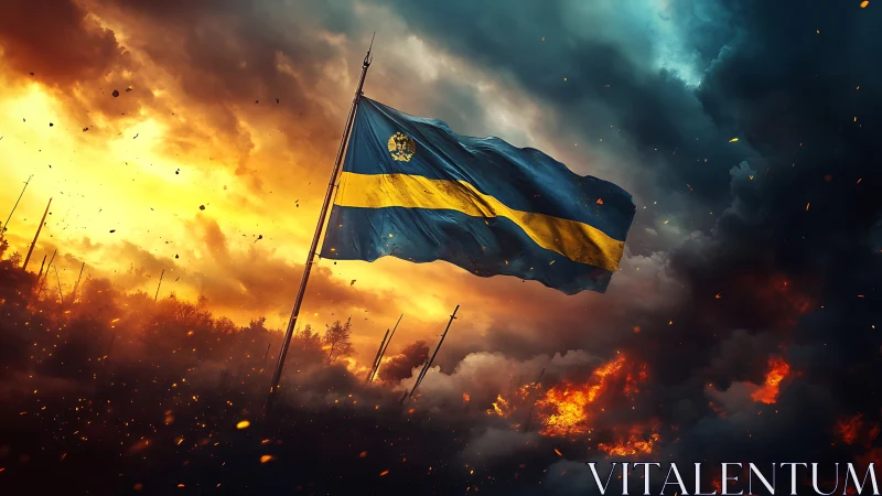 Defiant Blue & Gold Flag Blazes Through Apocalyptic Inferno.