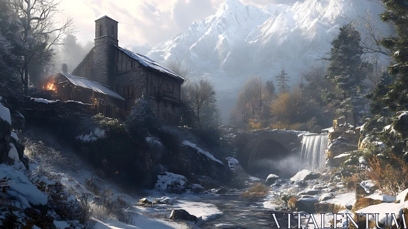 Snow-covered mountain stream flows past stone house and bridge