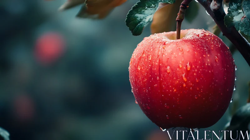 Red apple hangs on tree branch with dew after rainfall