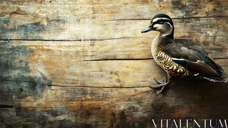 Duck stands on worn wooden planks under directional light